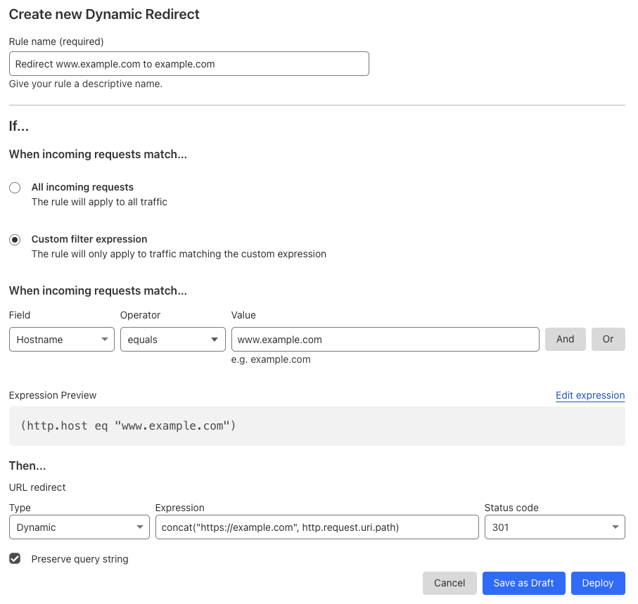 Dynamic redirect matching the &lsquo;Forwarding URL&rsquo; setting of the example Page Rule
